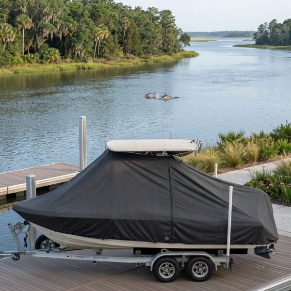 Sea Fox 240 XT T-Top boat cover in Charcoal Sunbrella fabric on dock lift at Kiawah Island Marina, Kiawah Island, SC