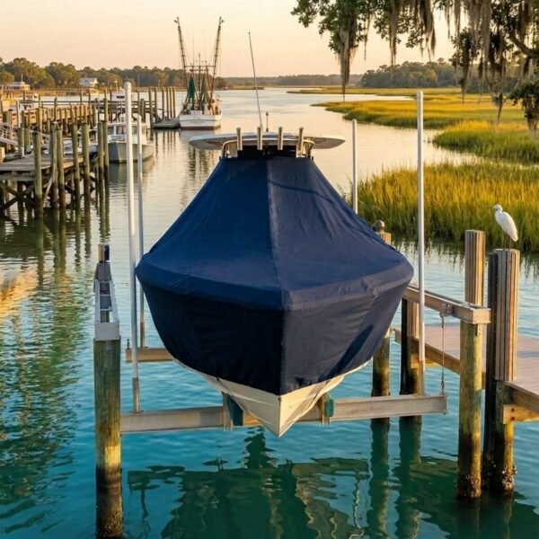 Sea Fox 245 T-Top boat cover in Navy Sunbrella fabric on dock lift at Thunderbolt Marina, Thunderbolt, GA