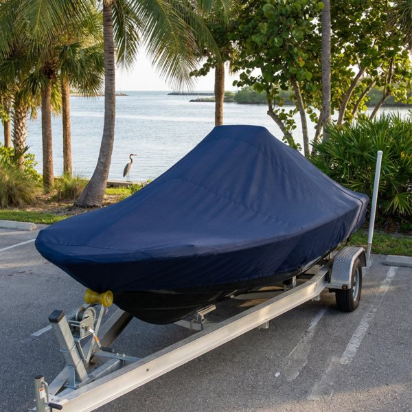Sea Fox 248 Commander center console boat cover in Navy Sunbrella fabric on trailer at Boynton Harbor Marina, Boynton Beach, FL