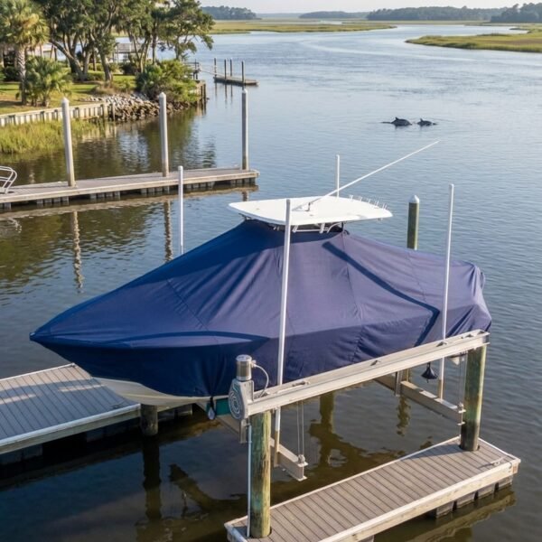 Sea Fox 248 Commander T-Top boat cover in Navy Sunbrella fabric on dock lift at Savannah Bend Marina, Savannah, GA