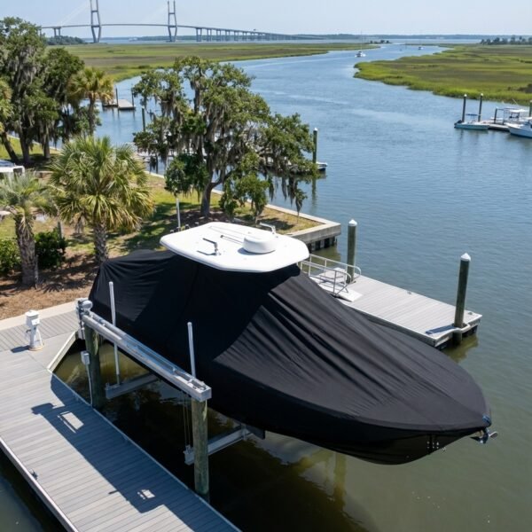 Sea Fox 249 Avenger T-Top boat cover in Black Sunbrella fabric on dock lift at Golden Isles Marina, St. Simons Island, GA