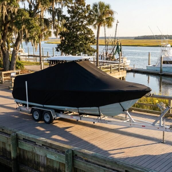 Sea Fox 251 Bay Fox T-Top boat cover in Black Sunbrella fabric on dock lift at Fernandina Harbor Marina, Fernandina Beach, FL