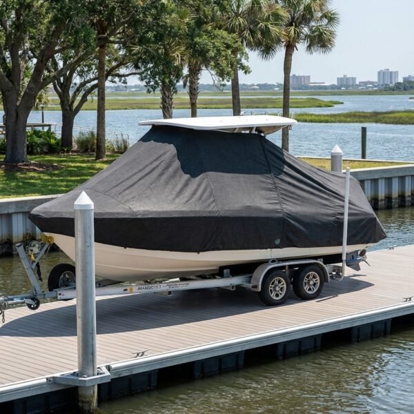 Sea Fox 256 T-Top boat cover in Charcoal Sunbrella fabric on dock lift at Beach Marine, Jacksonville, FL