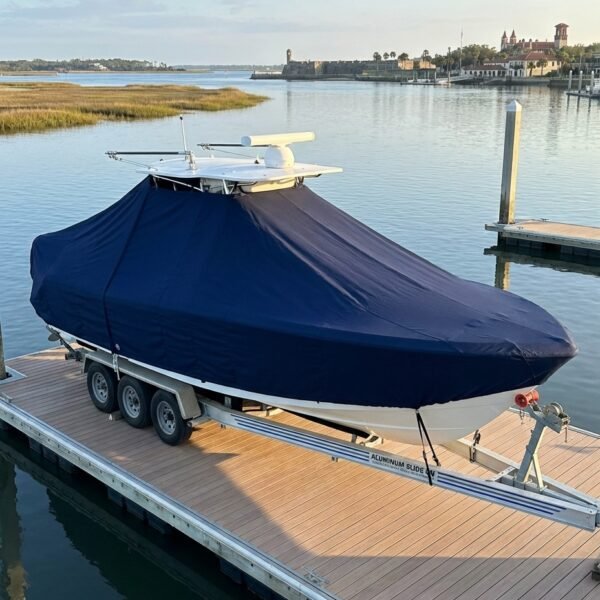 Sea Fox 256 Voyager T-Top boat cover in Navy Sunbrella fabric on dock lift at St. Augustine Municipal Marina, St. Augustine, FL