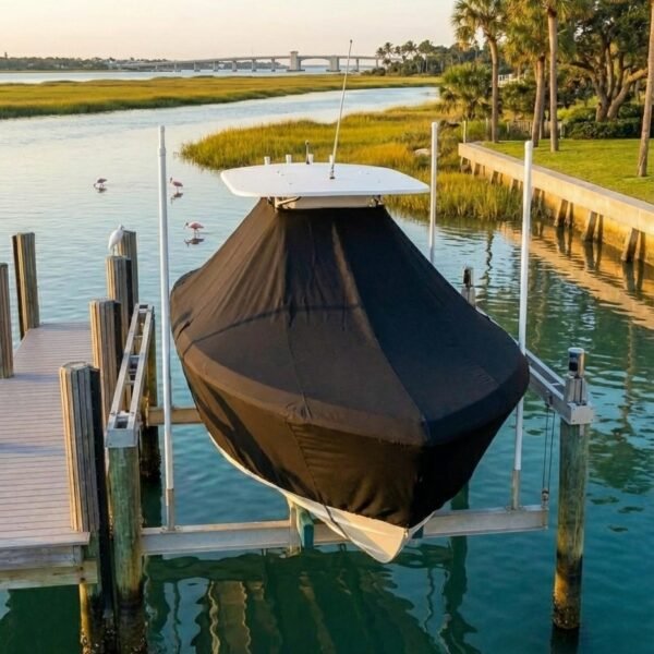 Sea Fox 257 T-Top boat cover in Black Sunbrella fabric on dock lift at Hammock Beach Marina, Flagler Beach, FL
