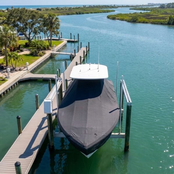 Sea Fox 266 Commander T-Top boat cover in Charcoal Sunbrella fabric on dock lift at Palm Coast Marina, Palm Coast, FL