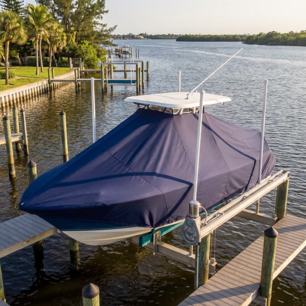 Sea Fox 268 Commander T-Top boat cover in Black Sunbrella fabric overhead view at Melbourne Harbor Marina, Melbourne, FL