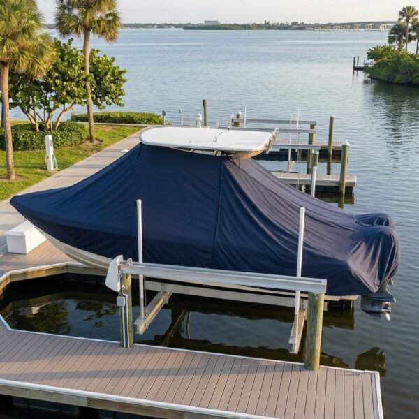 Sea Fox 287 T-Top boat cover in Navy Sunbrella fabric on dock lift at Vero Beach City Marina, Vero Beach, FL