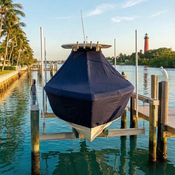 Sea Fox 288 Commander T-Top boat cover in Navy Sunbrella fabric on dock lift at Jupiter Inlet Marina, Jupiter, FL