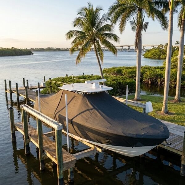 Sea Fox 288 Traveler T-Top boat cover in Charcoal Sunbrella fabric on dock lift at Sailfish Marina, Stuart, FL