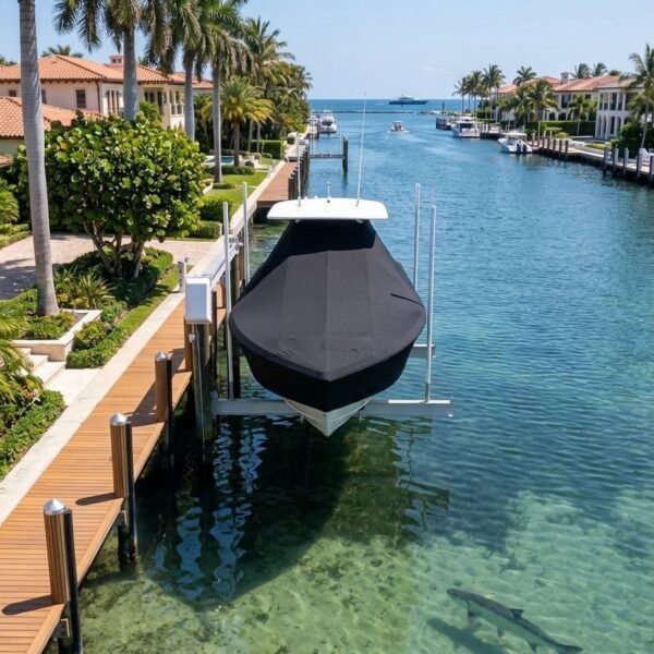 Sea Fox 328 Commander T-Top boat cover in Black Sunbrella fabric on dock lift at Palm Beach Town Docks, Palm Beach, FL