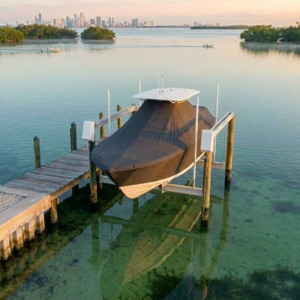Sea Vee 29 B T-Top boat cover in charcoal Sunbrella fabric on dock lift at Biscayne Bay flats, Miami FL