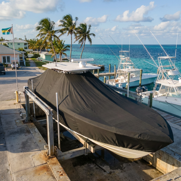 Sea Vee 34 T-Top boat cover in charcoal Sunbrella fabric on dock lift at Bimini, Bahamas