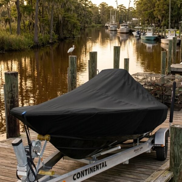 A boat on a trailer covered with a black cover, parked on a wooden dock beside a calm canal with moored boats and trees in sunset light.