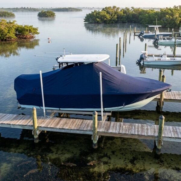 Blue-covered motorboat docked at a wooden pier on a calm marina with distant mangrove islets in the background, dawn light.