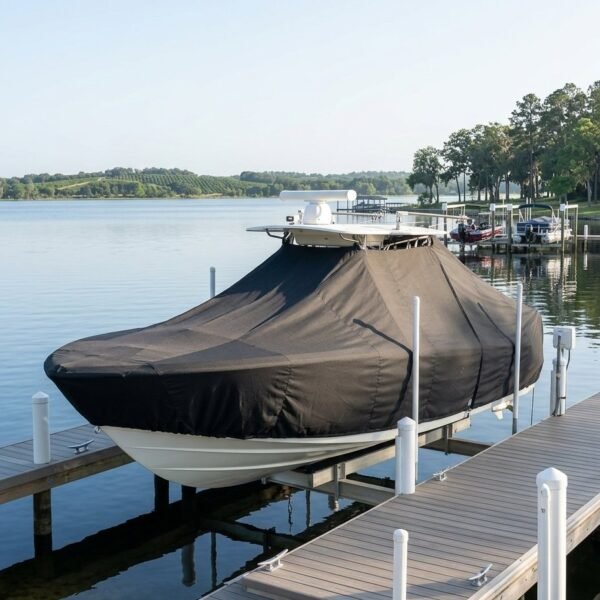 Boat on a covered trailer docked at a calm lakeside marina, with a black tarp over the hull and white dock pilings nearby.