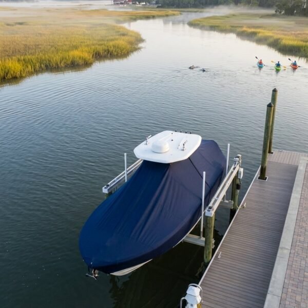 Blue covered boat on a dock beside a calm river, with marsh grass, kayakers in the distance, and a lighthouse on the horizon.