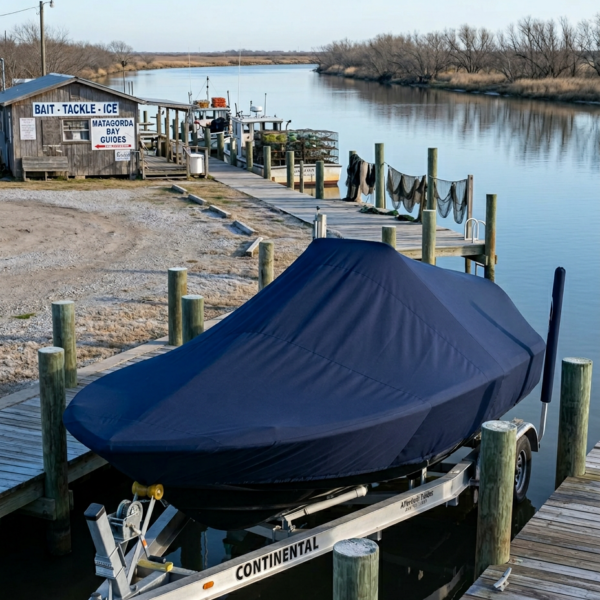 Covered boat on a trailer at a wooden dock along a calm river, with a small bait shop in the background.