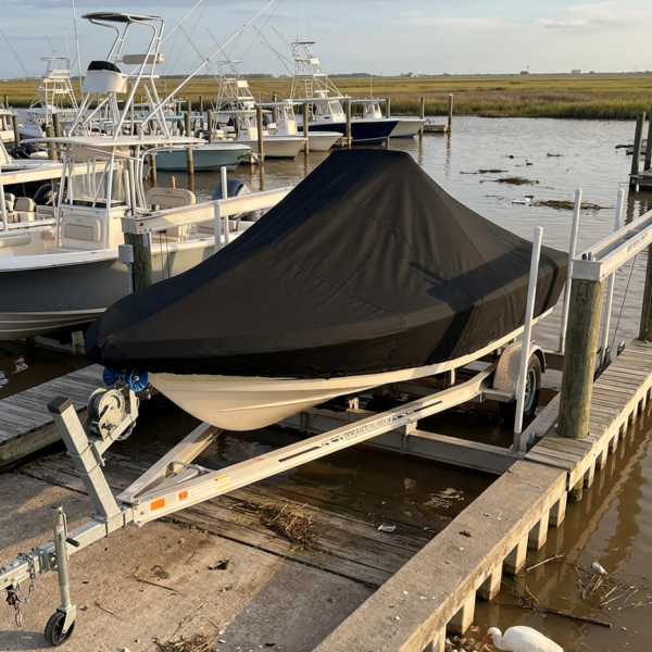 Boat on a trailer covered with a black tarp at a marina dock, with other moored boats in the background.