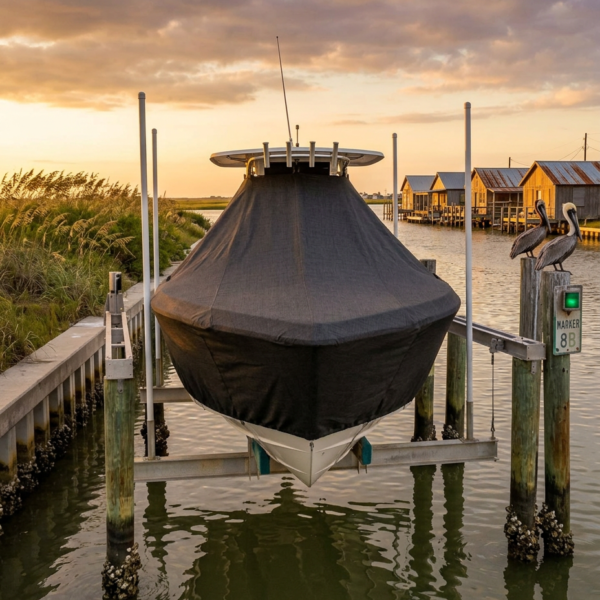 Boat covered with a dark protective tarp on a lift in a marina at sunset, with pelicans perched on pilings nearby.