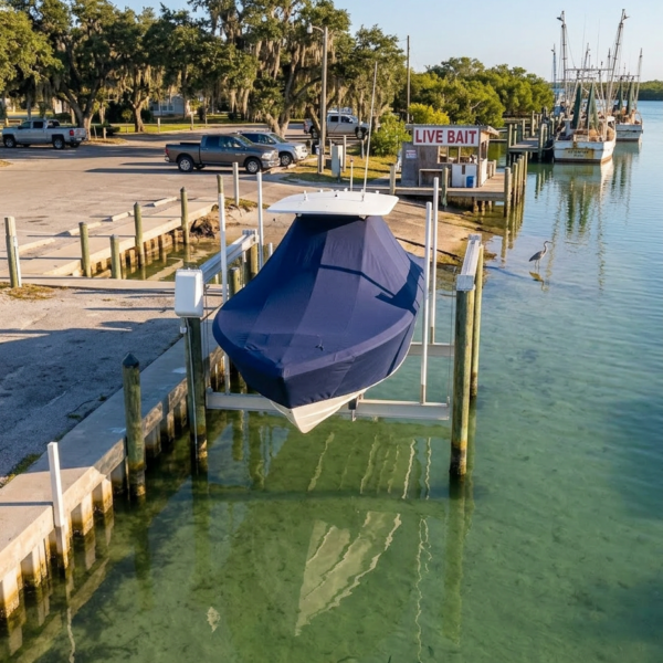 Blue boat on a lift at a marina, with a 'LIVE BAIT' shack in the background and calm green water below the dock.
