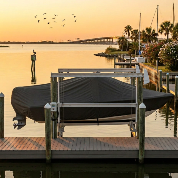 Covered boat on a wooden dock at sunset, calm water and palm trees in the background.