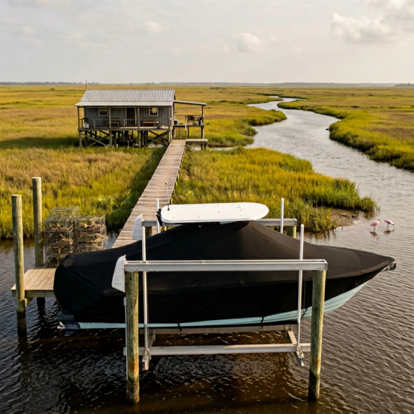 Covered motorboat on a dock in a marshy inlet with a wooden shack on stilts in the distance.