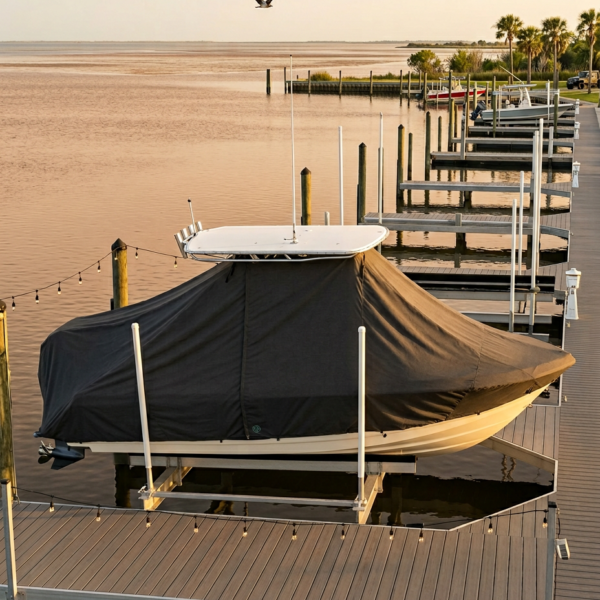 Guarded powerboat under a dark cover on a lift at a wooden marina dock, calm water and sunset hues in the background.