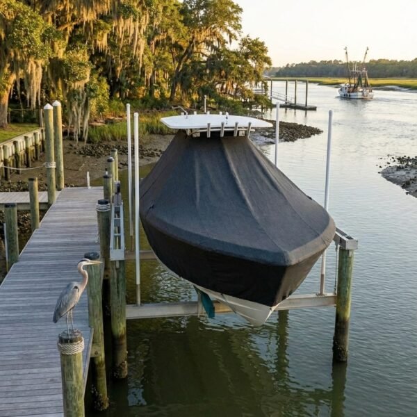Tidewater 1800 Bay Max T-Top boat cover in Charcoal Sunbrella fabric on dock lift at Beaufort, South Carolina