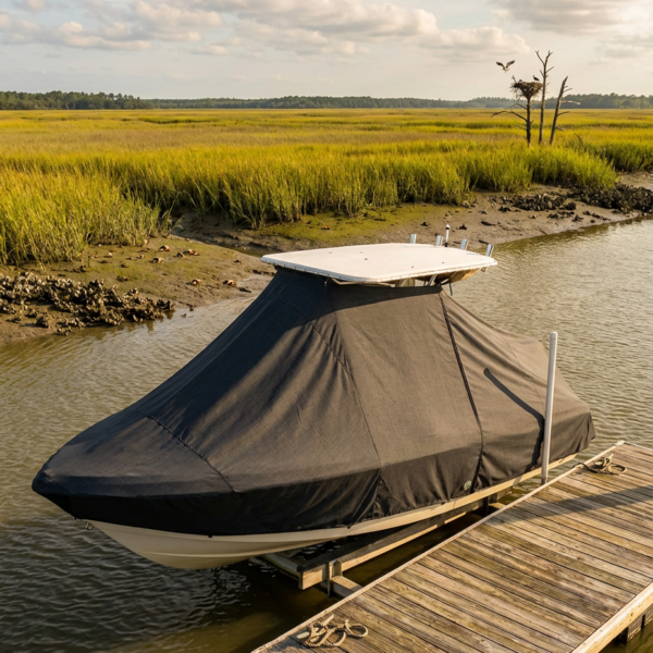 Tidewater 196 T-Top boat cover in Charcoal Sunbrella fabric on dock lift at Edisto Island, South Carolina