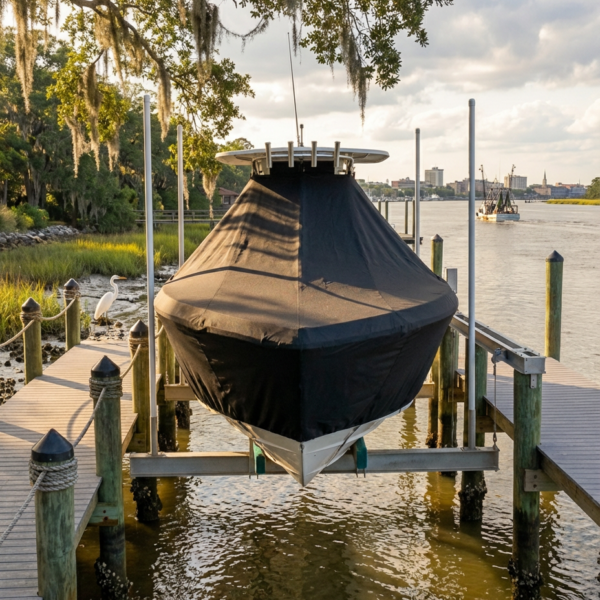 Tidewater 210 Adventure T-Top boat cover in Charcoal Sunbrella fabric on dock lift at Savannah, Georgia