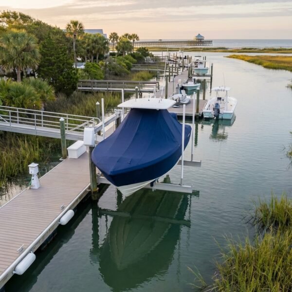 Tidewater 210 Bay T-Top boat cover in Navy Sunbrella fabric on dock lift at Folly Beach, South Carolina
