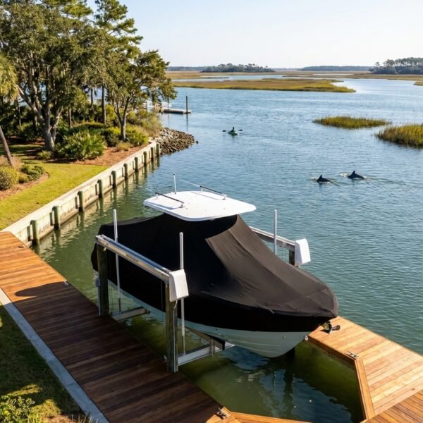 Tidewater 210 LXF T-Top boat cover in Black Sunbrella fabric on dock lift at Kiawah Island, South Carolina