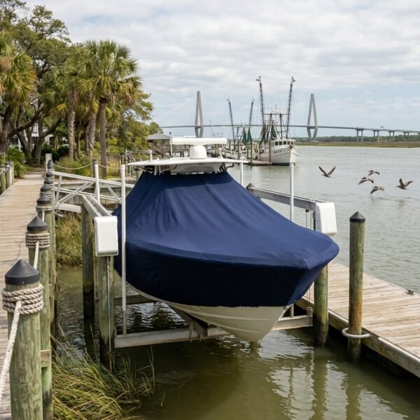 Tidewater 2100 Bay T-Top boat cover in Navy Sunbrella fabric on dock lift at Mount Pleasant, South Carolina
