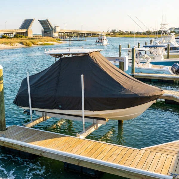 Tidewater 216 T-Top boat cover in Charcoal Sunbrella fabric on dock lift at Wrightsville Beach, North Carolina