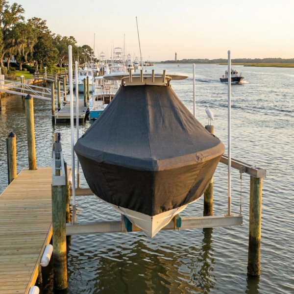 Tidewater 220 Adventure T-Top boat cover in Charcoal Sunbrella fabric on dock lift