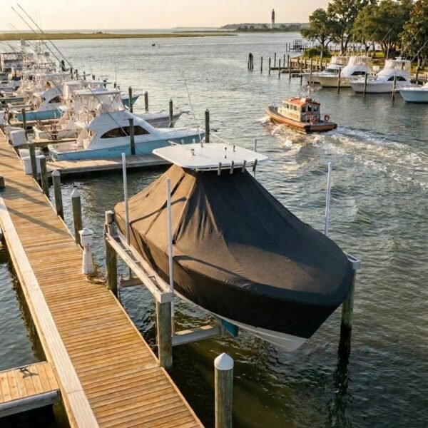 Tidewater 220 LXF T-Top boat cover in Navy Sunbrella fabric on dock lift
