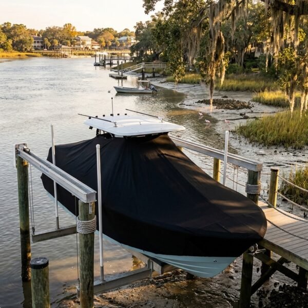 Tidewater 2200 T-Top boat cover in Black Sunbrella fabric on dock lift