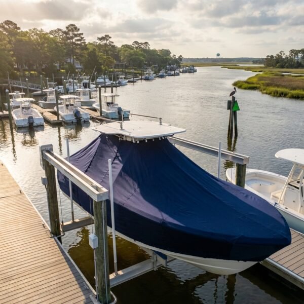 Tidewater 230 LXF T-Top boat cover in Navy Sunbrella fabric on dock lift