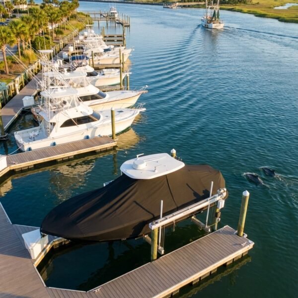 Tidewater 232 Adventure T-Top boat cover in Black Sunbrella fabric on dock lift
