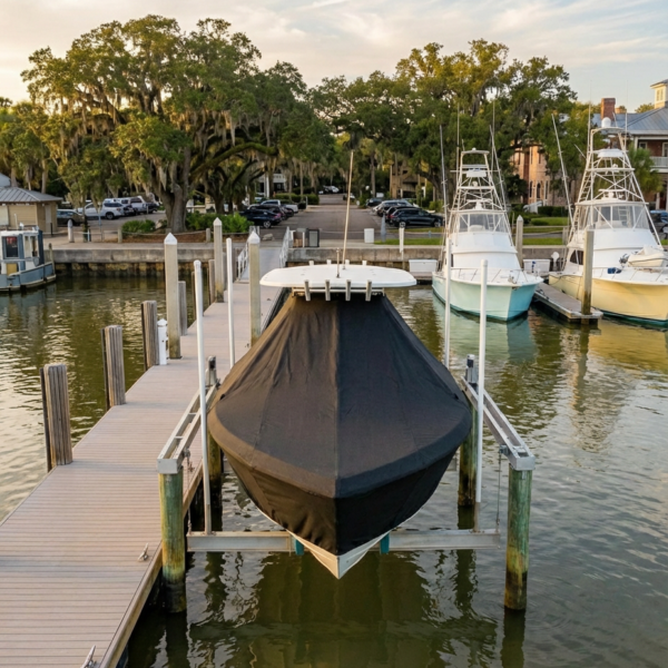 Tidewater 232 LXF T-Top boat cover in navy (7oz)