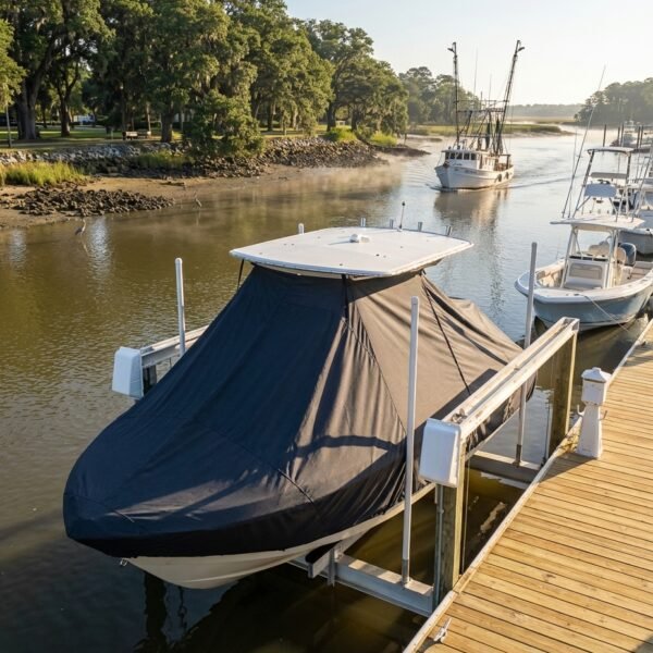Tidewater 2410 T-Top boat cover in Charcoal Sunbrella fabric on dock lift