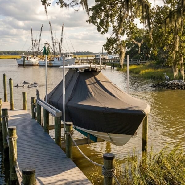 Tidewater 2500 T-Top boat cover in navy (Sunbrella)
