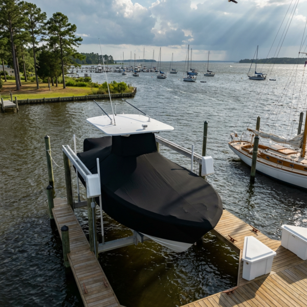 Tidewater 256 LXF T-Top boat cover in Black Sunbrella fabric on dock lift