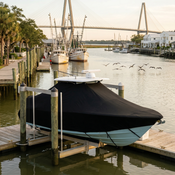 Tidewater 280 T-Top boat cover in charcoal (Sunbrella)