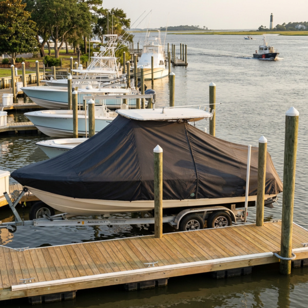 Tidewater 292 Adventure T-Top boat cover in charcoal