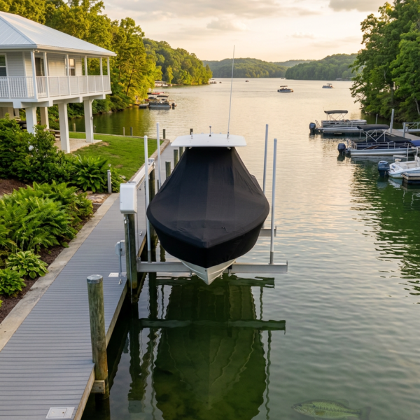 Covered boat on a hoist at a lakeside dock, calm water reflecting the boat and surrounding trees and houses.