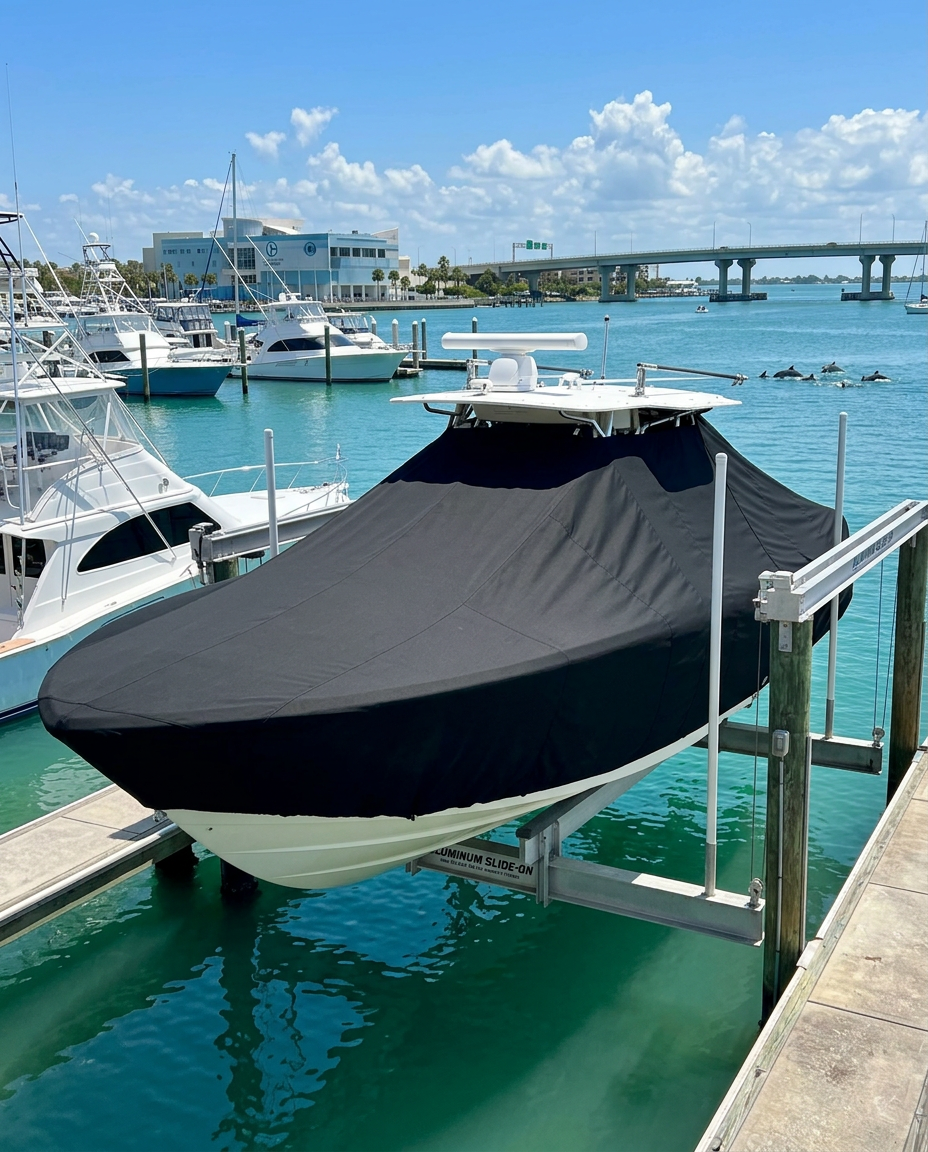 White motorboat docked in a marina with a black cover over the hull, moored to a floating dock amid blue-green water and other boats. In the background, a bridge and coastal buildings under a sunny sky with scattered clouds.