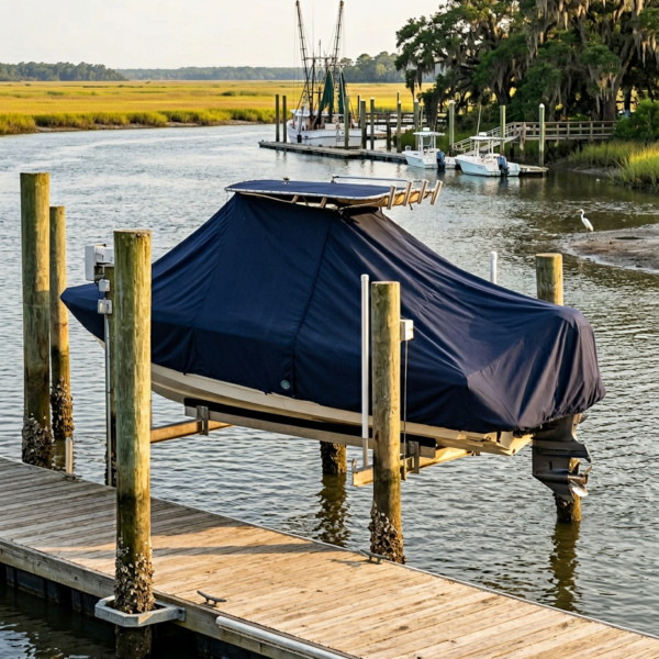 Blue-covered boat lifted on a wooden dock along a calm marshy waterway with pilings nearby.