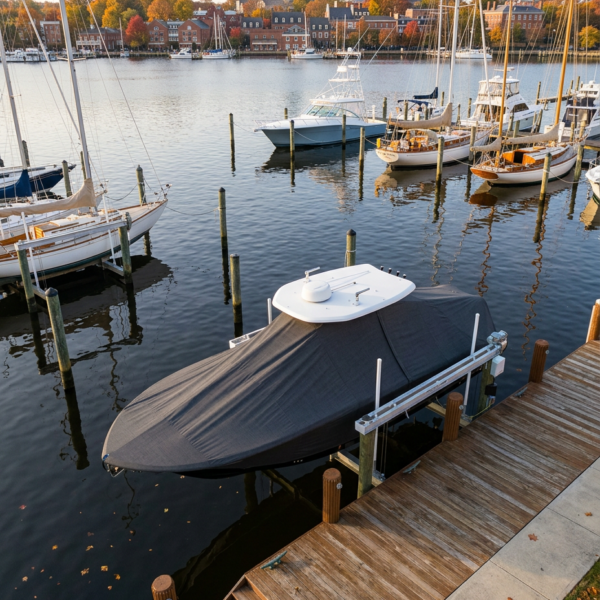 Covered boat moored at a wooden dock in a calm marina, with sailboats on the pilings and autumn trees across the water.